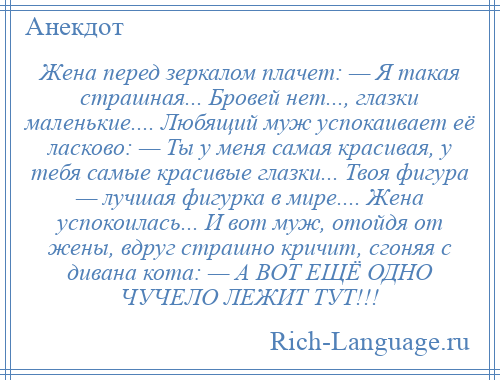 
    Жена перед зеркалом плачет: — Я такая страшная... Бровей нет..., глазки маленькие.... Любящий муж успокаивает её ласково: — Ты у меня самая красивая, у тебя самые красивые глазки... Твоя фигура — лучшая фигурка в мире.... Жена успокоилась... И вот муж, отойдя от жены, вдруг страшно кричит, сгоняя с дивана кота: — А ВОТ ЕЩЁ ОДНО ЧУЧЕЛО ЛЕЖИТ ТУТ!!!