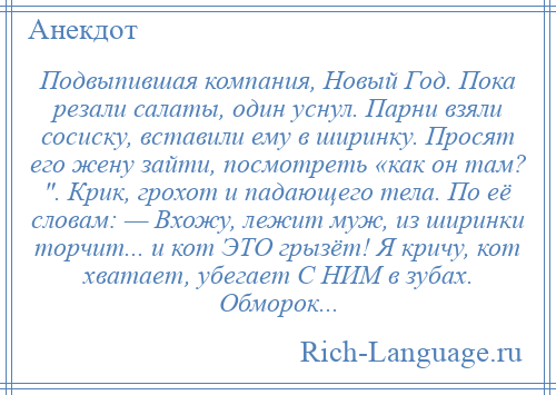 
    Подвыпившая компания, Новый Год. Пока резали салаты, один уснул. Парни взяли сосиску, вставили ему в ширинку. Просят его жену зайти, посмотреть «как он там? . Крик, грохот и падающего тела. По её словам: — Вхожу, лежит муж, из ширинки торчит... и кот ЭТО грызёт! Я кричу, кот хватает, убегает С НИМ в зубах. Обморок...