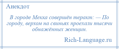
    В городе Мекка совершён теракт: — По городу, верхом на свиньях проехали тысячи обнажённых женщин.