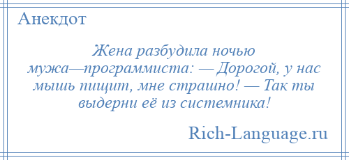 
    Жена разбудила ночью мужа—программиста: — Дорогой, у нас мышь пищит, мне страшно! — Так ты выдерни её из системника!