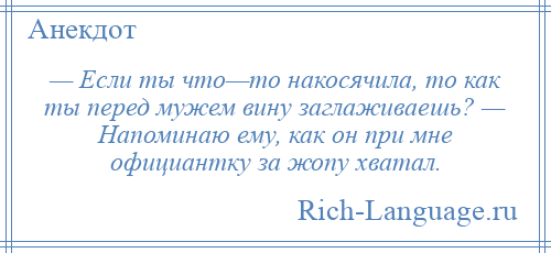 
    — Если ты что—то накосячила, то как ты перед мужем вину заглаживаешь? — Напоминаю ему, как он при мне официантку за жопу хватал.