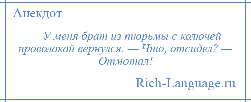 
    — У меня брат из тюрьмы с колючей проволокой вернулся. — Что, отсидел? — Отмотал!