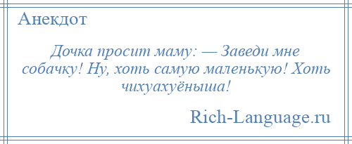 
    Дочка просит маму: — Заведи мне собачку! Ну, хоть самую маленькую! Хоть чихуахуёныша!