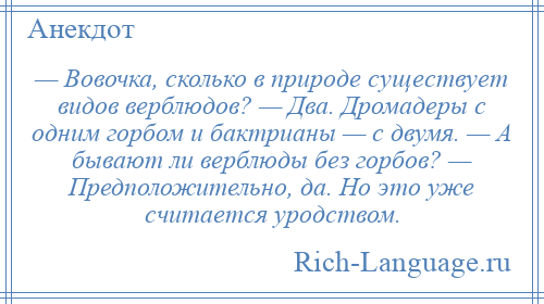 
    — Вовочка, сколько в природе существует видов верблюдов? — Два. Дромадеры с одним горбом и бактрианы — с двумя. — А бывают ли верблюды без горбов? — Предположительно, да. Но это уже считается уродством.