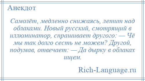 
    Самолёт, медленно снижаясь, летит над облаками. Новый русский, смотрящий в иллюминатор, спрашивает другого: — Чё мы так долго сесть не можем? Другой, подумав, отвечает: — Да дырку в облаках ищем.