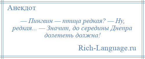 
    — Пингвин — птица редкая? — Ну, редкая... — Значит, до середины Днепра долететь должна!