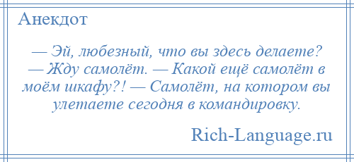 
    — Эй, любезный, что вы здесь делаете? — Жду самолёт. — Какой ещё самолёт в моём шкафу?! — Самолёт, на котором вы улетаете сегодня в командировку.