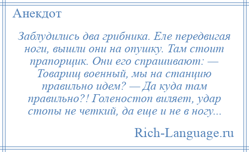 
    Заблудились два грибника. Еле передвигая ноги, вышли они на опушку. Там стоит прапорщик. Они его спрашивают: — Товарищ военный, мы на станцию правильно идем? — Да куда там правильно?! Голеностоп виляет, удар стопы не четкий, да еще и не в ногу...