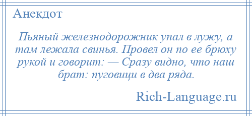 
    Пьяный железнодорожник упал в лужу, а там лежала свинья. Провел он по ее брюху рукой и говорит: — Сразу видно, что наш брат: пуговици в два ряда.