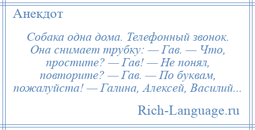
    Собака одна дома. Телефонный звонок. Она снимает трубку: — Гав. — Что, простите? — Гав! — Не понял, повторите? — Гав. — По буквам, пожалуйста! — Галина, Алексей, Василий...