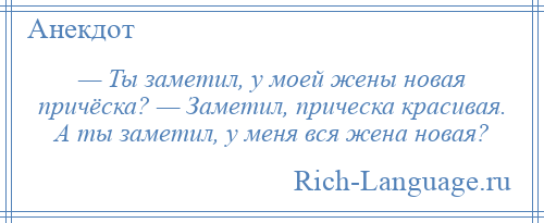 
    — Ты заметил, у моей жены новая причёска? — Заметил, прическа красивая. А ты заметил, у меня вся жена новая?