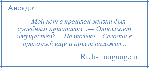 
    — Мой кот в прошлой жизни был судебным приставом...— Описывает имущество?— Не только... Сегодня в прихожей еще и арест наложил...