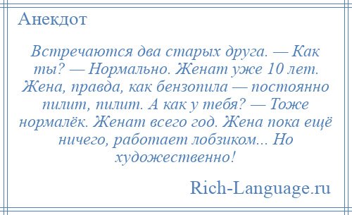 
    Встречаются два старых друга. — Как ты? — Нормально. Женат уже 10 лет. Жена, правда, как бензопила — постоянно пилит, пилит. А как у тебя? — Тоже нормалёк. Женат всего год. Жена пока ещё ничего, работает лобзиком... Но художественно!