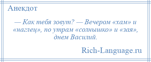 
    — Как тебя зовут? — Вечером «хам» и «наглец», по утрам «солнышко» и «зая», днем Василий.