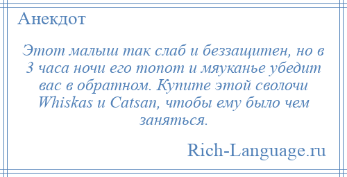 
    Этот малыш так слаб и беззащитен, но в 3 часа ночи его топот и мяуканье убедит вас в обратном. Купите этой сволочи Whiskas и Catsan, чтобы ему было чем заняться.