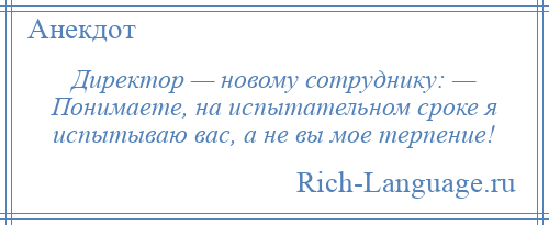 
    Директор — новому сотруднику: — Понимаете, на испытательном сроке я испытываю вас, а не вы мое терпение!