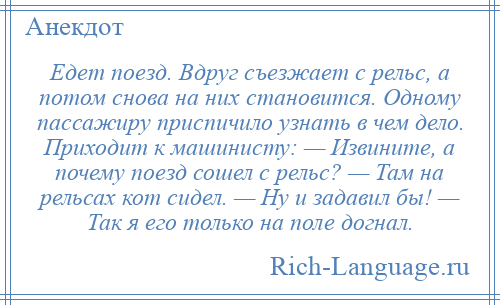
    Едет поезд. Вдруг съезжает с рельс, а потом снова на них становится. Одному пассажиру приспичило узнать в чем дело. Приходит к машинисту: — Извините, а почему поезд сошел с рельс? — Там на рельсах кот сидел. — Ну и задавил бы! — Так я его только на поле догнал.