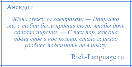 
    Жена мужу за завтраком: — Напрасно мы с тобой были против того, чтобы дочь сделала пирсинг. — С тех пор, как она вдела себе в нос кольцо, стало гораздо удобнее поднимать ее в школу.