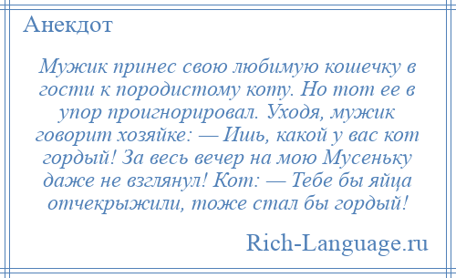 
    Мужик принес свою любимую кошечку в гости к породистому коту. Но тот ее в упор проигнорировал. Уходя, мужик говорит хозяйке: — Ишь, какой у вас кот гордый! За весь вечер на мою Мусеньку даже не взглянул! Кот: — Тебе бы яйца отчекрыжили, тоже стал бы гордый!