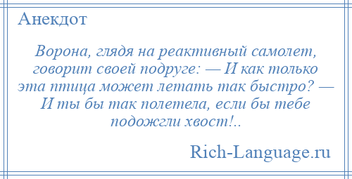 
    Ворона, глядя на реактивный самолет, говорит своей подруге: — И как только эта птица может летать так быстро? — И ты бы так полетела, если бы тебе подожгли хвост!..
