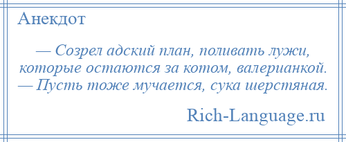 
    — Созрел адский план, поливать лужи, которые остаются за котом, валерианкой. — Пусть тоже мучается, сука шерстяная.