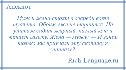 
    Муж и жена стоят в очереди возле туалета. Обоим уже не терпится. На унитазе сидит жирный, наглый кот и читает газету. Жена — мужу: — И зачем только мы приучали эту скотину к унитазу?