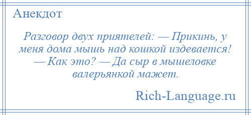 
    Разговор двух приятелей: — Прикинь, у меня дома мышь над кошкой издевается! — Как это? — Да сыр в мышеловке валерьянкой мажет.