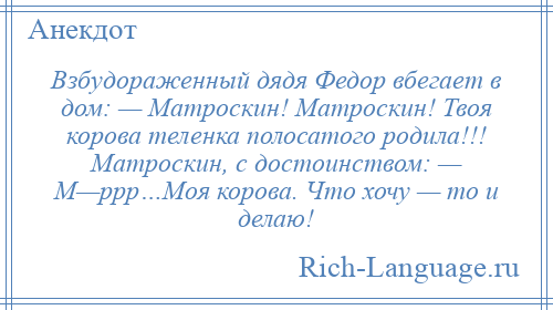 
    Взбудораженный дядя Федор вбегает в дом: — Матроскин! Матроскин! Твоя корова теленка полосатого родила!!! Матроскин, с достоинством: — М—ррр…Моя корова. Что хочу — то и делаю!