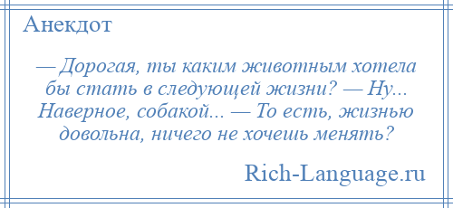 
    — Дорогая, ты каким животным хотела бы стать в следующей жизни? — Ну... Наверное, собакой... — То есть, жизнью довольна, ничего не хочешь менять?