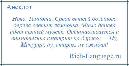 
    Ночь. Темнота. Среди ветвей большого дерева светит лампочка. Мимо дерева идет пьяный мужик. Останавливается и внимательно смотрит на дерево: — Ну, Мичурин, ну, старик, не ожидал!