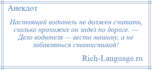 
    Настоящий водитель не должен считать, сколько прохожих он задел по дороге. — Дело водителя — вести машину, а не забавляться статистикой!