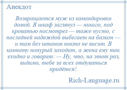 
    Возвращается муж из командировки домой. В шкаф заглянул — никого, под кроватью посмотрел — тоже пусто, с последней надеждой выбегает на балкон — и там без штанов никто не висит. В комнату понурый заходит, а жена ему так ехидно и говорит: — Ну, что, на этот раз, видимо, тебе за всех отдуваться придётся!.