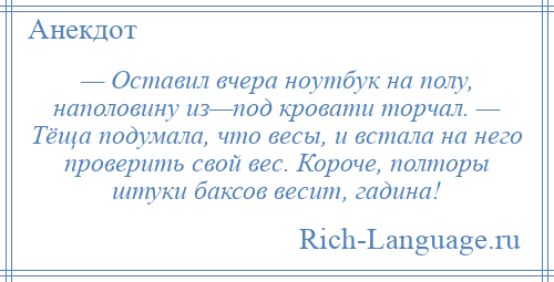 
    — Оставил вчера ноутбук на полу, наполовину из—под кровати торчал. — Тёща подумала, что весы, и встала на него проверить свой вес. Короче, полторы штуки баксов весит, гадина!