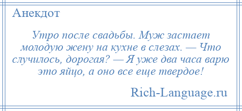 
    Утро после свадьбы. Муж застает молодую жену на кухне в слезах. — Что случилось, дорогая? — Я уже два часа варю это яйцо, а оно все еще твердое!