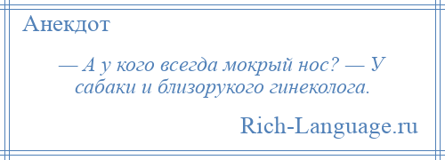
    — А у кого всегда мокрый нос? — У сабаки и близорукого гинеколога.