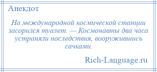 
    На международной космической станции засорился туалет. — Космонавты два часа устраняли последствия, вооружившись сачками.