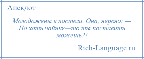 
    Молодожены в постели. Она, нервно: — Но хоть чайник—то ты поставить можешь?!