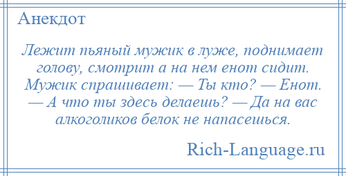 
    Лежит пьяный мужик в луже, поднимает голову, смотрит а на нем енот сидит. Мужик спрашивает: — Ты кто? — Енот. — А что ты здесь делаешь? — Да на вас алкоголиков белок не напасешься.