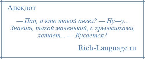 
    — Пап, а кто такой ангел? — Ну—у... Знаешь, такой маленький, с крылышками, летает... — Кусается?