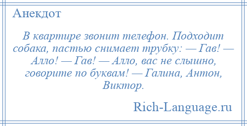 
    В квартире звонит телефон. Подходит собака, пастью снимает трубку: — Гав! — Алло! — Гав! — Алло, вас не слышно, говорите по буквам! — Галина, Антон, Виктор.