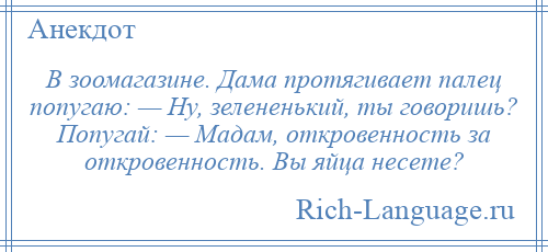 
    В зоомагазине. Дама протягивает палец попугаю: — Ну, зелененький, ты говоришь? Попугай: — Мадам, откровенность за откровенность. Вы яйца несете?