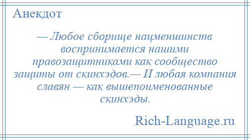 
    — Любое сборище нацменшинств воспринимается нашими правозащитниками как сообщество защиты от скинхэдов.— И любая компания славян — как вышепоименованные скинхэды.