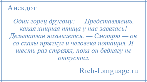 
    Один горец другому: — Представляешь, какая хищная птица у нас завелась! Дельтаплан называется. — Смотрю — он со скалы прыгнул и человека потащил. Я шесть раз стрелял, пока он беднягу не отпустил.