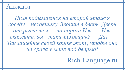 
    Циля подымается на второй этаж к соседу—меховщику. Звонит в дверь. Дверь открывается — на пороге Изя. — Изя, скажите, вы—таки меховщик? — Да! — Так зашейте своей кошке жопу, чтобы она не срала у меня под дверью!