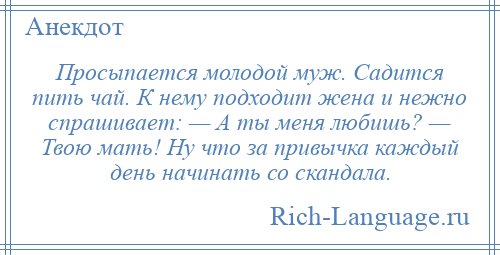 
    Просыпается молодой муж. Садится пить чай. К нему подходит жена и нежно спрашивает: — А ты меня любишь? — Твою мать! Ну что за привычка каждый день начинать со скандала.