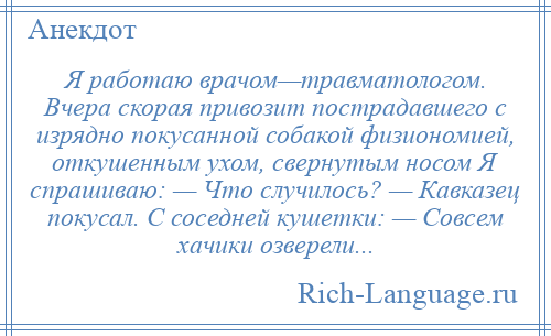 
    Я работаю врачом—травматологом. Вчера скорая привозит пострадавшего с изрядно покусанной собакой физиономией, откушенным ухом, свернутым носом Я спрашиваю: — Что случилось? — Кавказец покусал. С соседней кушетки: — Совсем хачики озверели...