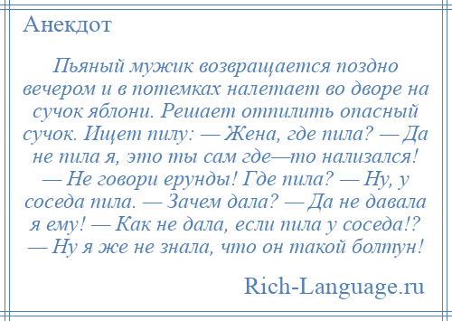 
    Пьяный мужик возвращается поздно вечером и в потемках налетает во дворе на сучок яблони. Решает отпилить опасный сучок. Ищет пилу: — Жена, где пила? — Да не пила я, это ты сам где—то нализался! — Не говори ерунды! Где пила? — Ну, у соседа пила. — Зачем дала? — Да не давала я ему! — Как не дала, если пила у соседа!? — Ну я же не знала, что он такой болтун!