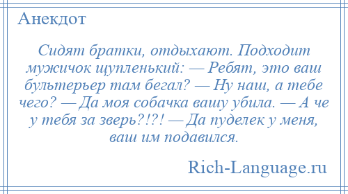 
    Сидят братки, отдыхают. Подходит мужичок щупленький: — Ребят, это ваш бультерьер там бегал? — Ну наш, а тебе чего? — Да моя собачка вашу убила. — А че у тебя за зверь?!?! — Да пуделек у меня, ваш им подавился.