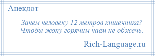 
    — Зачем человеку 12 метров кишечника? — Чтобы жопу горячим чаем не обжечь.