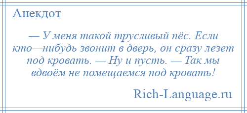 
    — У меня такой трусливый пёс. Если кто—нибудь звонит в дверь, он сразу лезет под кровать. — Ну и пусть. — Так мы вдвоём не помещаемся под кровать!